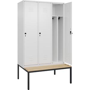 C+P Multifunctionele lockerkast Classic PLUS met zitbank, smal, 3 compartimenten, scheidingswand ingekort, verkeerswit, b = 1200 mm, veiligheidsdraaigrendel, ondergebouwd, beuken-hardhout