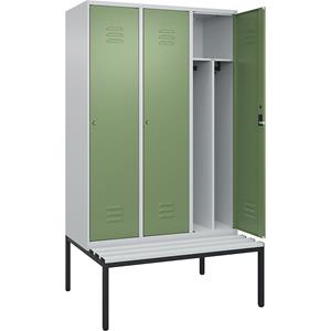 C+P Multifunctionele lockerkast Classic PLUS met zitbank, smal, 3 compartimenten, scheidingswand ingekort, lichtgrijs / resedagroen, b = 1200 mm, cilinderslot, ondergebouwd, kunststof