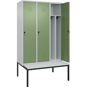 C+P Multifunctionele lockerkast Classic PLUS met zitbank, smal, 3 compartimenten, scheidingswand ingekort, lichtgrijs / resedagroen, b = 1200 mm, veiligheidsdraaigrendel, ondergebouwd, kunststof