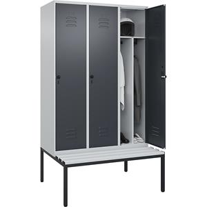 C+P Multifunctionele lockerkast Classic PLUS met zitbank, smal, 3 compartimenten, scheidingswand ingekort, lichtgrijs / grijs, b = 1200 mm, veiligheidsdraaigrendel, ondergebouwd, kunststof