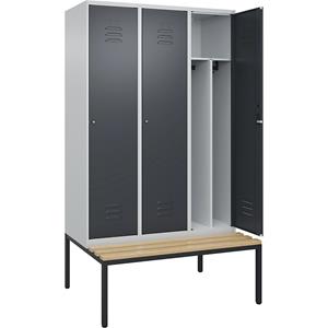 C+P Multifunctionele lockerkast Classic PLUS met zitbank, smal, 3 compartimenten, scheidingswand ingekort, lichtgrijs / grijs, b = 1200 mm, cilinderslot, ondergebouwd, beuken-hardhout