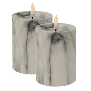 Christmas Decoration LED kaars/stompkaars - 2x st - wit/grijs marmer look - D7,5 x H10 cm -