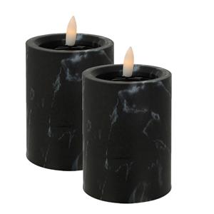 Christmas Decoration LED kaars/stompkaars - 2x st- zwart marmer look - D7,5 x H10 cm -