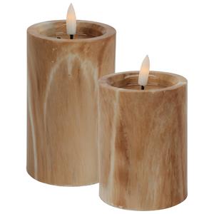 Countryfield LED kaarsen/stompkaarsen - set 2x - bruin marmer look - H10 en H12,5 cm - timer - warm wit -