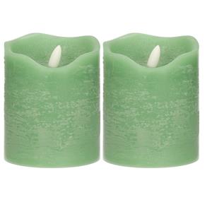 Stern fabrik LED kaars/stompkaars - 2x - mintgroen - D7,5 x H10 cm - timer - 3D vlam -