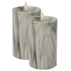 Christmas Decoration LED kaars/stompkaars - 2x st - wit/grijs marmer look - D7,5 x H12,5 cm -