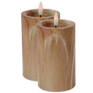 Christmas Decoration LED kaars/stompkaars - 2x st- bruin marmer look - D7,5 x H12,5 cm -