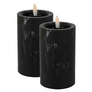 Christmas Decoration LED kaars/stompkaars - 2x st- zwart marmer look - D7,5 x H12,5 cm -