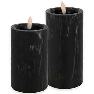 Countryfield LED kaarsen/stompkaarsen - set 2x - zwart marmer look - H12,5 en H15 cm - timer - warm wit -