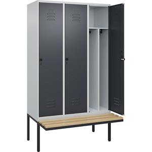 C+P Multifunctionele lockerkast Classic PLUS met zitbank, smal, 3 compartimenten, scheidingswand ingekort, lichtgrijs / grijs, b = 1200 mm, veiligheidsdraaigrendel, vrijdragend, beuken-hardhout