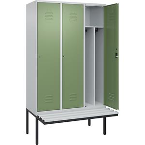 C+P Multifunctionele lockerkast Classic PLUS met zitbank, smal, 3 compartimenten, scheidingswand ingekort, lichtgrijs / resedagroen, b = 1200 mm, cilinderslot, vrijdragend, kunststof