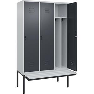 C+P Multifunctionele lockerkast Classic PLUS met zitbank, smal, 3 compartimenten, scheidingswand ingekort, lichtgrijs / grijs, b = 1200 mm, veiligheidsdraaigrendel, vrijdragend, kunststof