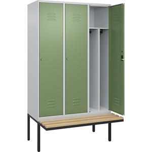 C+P Multifunctionele lockerkast Classic PLUS met zitbank, smal, 3 compartimenten, scheidingswand ingekort, lichtgrijs / resedagroen, b = 1200 mm, cilinderslot, vrijdragend, beuken-hardhout