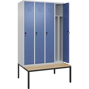 C+P Multifunctionele lockerkast Classic PLUS met zitbank, smal, 4 compartimenten, scheidingswand ingekort, lichtgrijs / verblauw, b = 1200 mm, veiligheidsdraaigrendel, ondergebouwd, beuken-hardhout