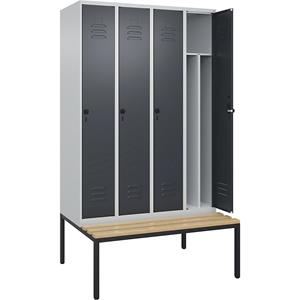 C+P Multifunctionele lockerkast Classic PLUS met zitbank, smal, 4 compartimenten, scheidingswand ingekort, lichtgrijs / grijs, b = 1200 mm, veiligheidsdraaigrendel, ondergebouwd, beuken-hardhout