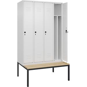 C+P Multifunctionele lockerkast Classic PLUS met zitbank, smal, 4 compartimenten, scheidingswand ingekort, verkeerswit, b = 1200 mm, veiligheidsdraaigrendel, ondergebouwd, beuken-hardhout