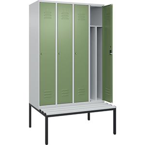 C+P Multifunctionele lockerkast Classic PLUS met zitbank, smal, 4 compartimenten, scheidingswand ingekort, lichtgrijs / resedagroen, b = 1200 mm, cilinderslot, ondergebouwd, kunststof