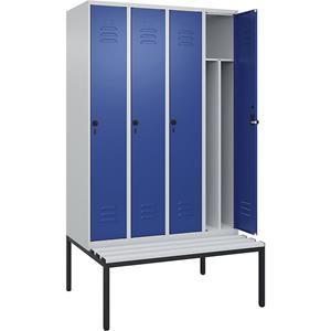 C+P Multifunctionele lockerkast Classic PLUS met zitbank, smal, 4 compartimenten, scheidingswand ingekort, lichtgrijs / gentiaanblauw, b = 1200 mm, veiligheidsdraaigrendel, ondergebouwd, kunststof