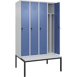 C+P Multifunctionele lockerkast Classic PLUS met zitbank, smal, 4 compartimenten, scheidingswand ingekort, lichtgrijs / verblauw, b = 1200 mm, veiligheidsdraaigrendel, ondergebouwd, kunststof