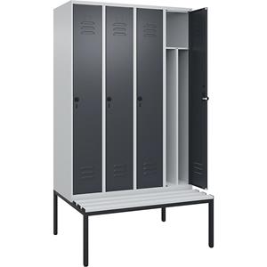 C+P Multifunctionele lockerkast Classic PLUS met zitbank, smal, 4 compartimenten, scheidingswand ingekort, lichtgrijs / grijs, b = 1200 mm, veiligheidsdraaigrendel, ondergebouwd, kunststof