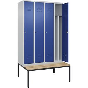 C+P Multifunctionele lockerkast Classic PLUS met zitbank, smal, 4 compartimenten, scheidingswand ingekort, lichtgrijs / gentiaanblauw, b = 1200 mm, cilinderslot, ondergebouwd, beuken-hardhout