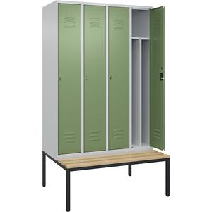 C+P Multifunctionele lockerkast Classic PLUS met zitbank, smal, 4 compartimenten, scheidingswand ingekort, lichtgrijs / resedagroen, b = 1200 mm, cilinderslot, ondergebouwd, beuken-hardhout