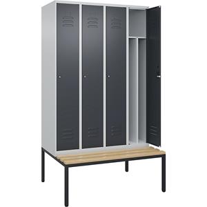 C+P Multifunctionele lockerkast Classic PLUS met zitbank, smal, 4 compartimenten, scheidingswand ingekort, lichtgrijs / grijs, b = 1200 mm, cilinderslot, ondergebouwd, beuken-hardhout