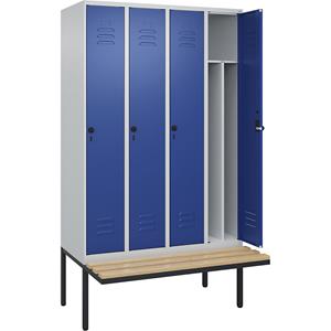 C+P Multifunctionele lockerkast Classic PLUS met zitbank, smal, 4 compartimenten, scheidingswand ingekort, lichtgrijs / gentiaanblauw, b = 1200 mm, veiligheidsdraaigrendel, vrijdragend, beuken-hardhou