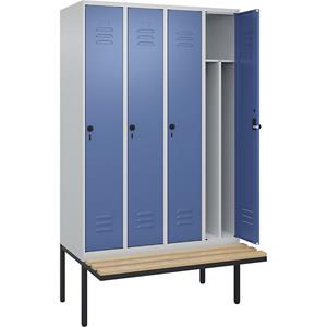 C+P Multifunctionele lockerkast Classic PLUS met zitbank, smal, 4 compartimenten, scheidingswand ingekort, lichtgrijs / verblauw, b = 1200 mm, veiligheidsdraaigrendel, vrijdragend, beuken-hardhout