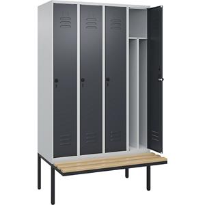 C+P Multifunctionele lockerkast Classic PLUS met zitbank, smal, 4 compartimenten, scheidingswand ingekort, lichtgrijs / grijs, b = 1200 mm, veiligheidsdraaigrendel, vrijdragend, beuken-hardhout