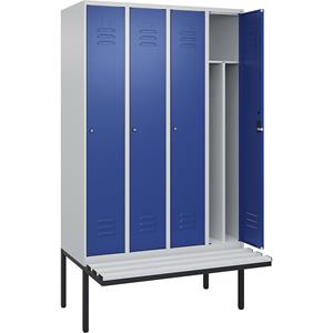 C+P Multifunctionele lockerkast Classic PLUS met zitbank, smal, 4 compartimenten, scheidingswand ingekort, lichtgrijs / gentiaanblauw, b = 1200 mm, cilinderslot, vrijdragend, kunststof