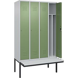 C+P Multifunctionele lockerkast Classic PLUS met zitbank, smal, 4 compartimenten, scheidingswand ingekort, lichtgrijs / resedagroen, b = 1200 mm, cilinderslot, vrijdragend, kunststof