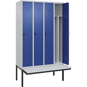 C+P Multifunctionele lockerkast Classic PLUS met zitbank, smal, 4 compartimenten, scheidingswand ingekort, lichtgrijs / gentiaanblauw, b = 1200 mm, veiligheidsdraaigrendel, vrijdragend, kunststof