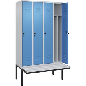 C+P Multifunctionele lockerkast Classic PLUS met zitbank, smal, 4 compartimenten, scheidingswand ingekort, lichtgrijs / lichtblauw, b = 1200 mm, veiligheidsdraaigrendel, vrijdragend, kunststof
