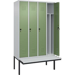 C+P Multifunctionele lockerkast Classic PLUS met zitbank, smal, 4 compartimenten, scheidingswand ingekort, lichtgrijs / resedagroen, b = 1200 mm, veiligheidsdraaigrendel, vrijdragend, kunststof