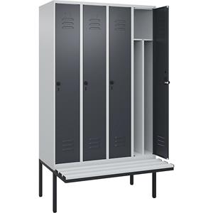 C+P Multifunctionele lockerkast Classic PLUS met zitbank, smal, 4 compartimenten, scheidingswand ingekort, lichtgrijs / grijs, b = 1200 mm, veiligheidsdraaigrendel, vrijdragend, kunststof