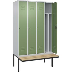 C+P Multifunctionele lockerkast Classic PLUS met zitbank, smal, 4 compartimenten, scheidingswand ingekort, lichtgrijs / resedagroen, b = 1200 mm, cilinderslot, vrijdragend, beuken-hardhout