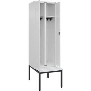 C+P Multifunctionele kledingkast Classic PLUS met zitbank, 1 compartiment, verkeerswit, b = 600 mm, cilinderslot, ondergebouwd, kunststof