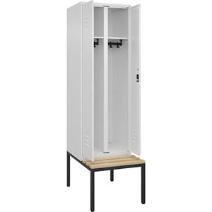 C+P Multifunctionele kledingkast Classic PLUS met zitbank, 1 compartiment, verkeerswit, b = 600 mm, cilinderslot, ondergebouwd, beuken-hardhout