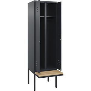 C+P Multifunctionele kledingkast Classic PLUS met zitbank, 1 compartiment, grijs, b = 600 mm, cilinderslot, vrijdragend, beuken-hardhout