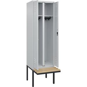 C+P Multifunctionele kledingkast Classic PLUS met zitbank, 1 compartiment, lichtgrijs, b = 600 mm, cilinderslot, vrijdragend, beuken-hardhout