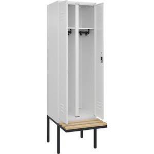 C+P Multifunctionele kledingkast Classic PLUS met zitbank, 1 compartiment, verkeerswit, b = 600 mm, cilinderslot, vrijdragend, beuken-hardhout