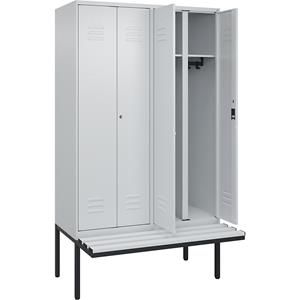 C+P Multifunctionele kledingkast Classic PLUS met zitbank, 2 compartimenten, lichtgrijs, b = 1200 mm, cilinderslot, vrijdragend, kunststof
