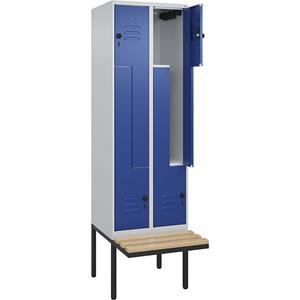 C+P Z-kledingkast Classic PLUS met zitbank, 2 compartimenten, lichtgrijs / gentiaanblauw, b = 600 mm, veiligheidsdraaigrendel, vrijdragend, beuken-hardhout