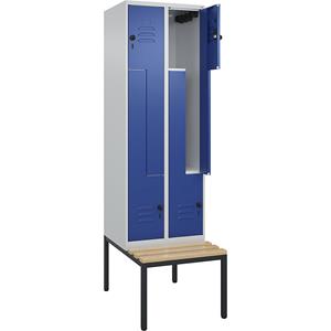 C+P Z-kledingkast Classic PLUS met zitbank, 2 compartimenten, lichtgrijs / gentiaanblauw, b = 600 mm, veiligheidsdraaigrendel, ondergebouwd, beuken-hardhout