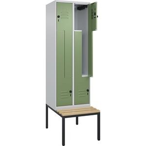 C+P Z-kledingkast Classic PLUS met zitbank, 2 compartimenten, lichtgrijs / resedagroen, b = 600 mm, veiligheidsdraaigrendel, ondergebouwd, beuken-hardhout