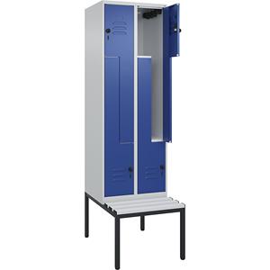 C+P Z-kledingkast Classic PLUS met zitbank, 2 compartimenten, lichtgrijs / gentiaanblauw, b = 600 mm, veiligheidsdraaigrendel, ondergebouwd, kunststof