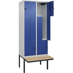 C+P Z-kledingkast Classic PLUS met zitbank, 2 compartimenten, lichtgrijs / gentiaanblauw, b = 800 mm, veiligheidsdraaigrendel, vrijdragend, beuken-hardhout