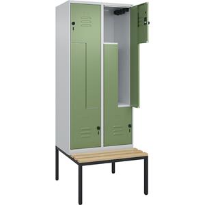 C+P Z-kledingkast Classic PLUS met zitbank, 2 compartimenten, lichtgrijs / resedagroen, b = 800 mm, veiligheidsdraaigrendel, ondergebouwd, beuken-hardhout