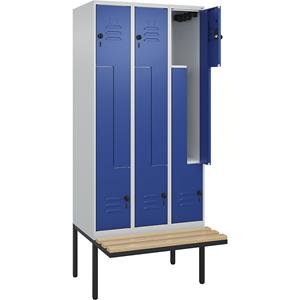C+P Z-kledingkast Classic PLUS met zitbank, 3 compartimenten, lichtgrijs / gentiaanblauw, b = 900 mm, veiligheidsdraaigrendel, vrijdragend, beuken-hardhout